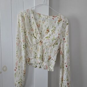 H&M Cream Long Sleeve Ruffled Crop Blouse